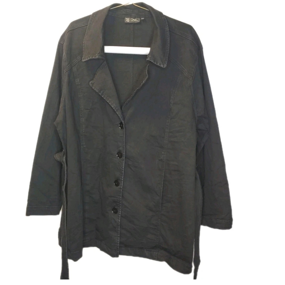 DG2 Trench Coat Black Stretch Denim 4 Button Belted Pockets Gothic Preppy Grunge